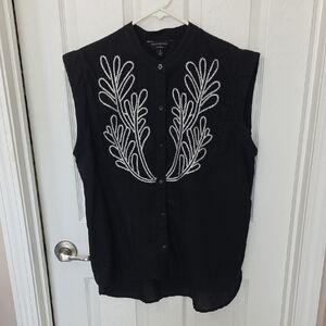 Banana Republic Black Button-Up Top with White Embroidery